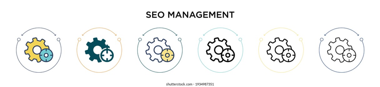Seo management icon in filled, thin line, outline and stroke style. Vector illustration of two colored and black seo management vector icons designs can be used for mobile, ui, web
