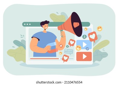 Seo manager attracting attention of customers in viral video. Advertising campaign from man using megaphone and magnet flat vector illustration. Influence, promotion, digital marketing concept
