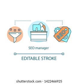 SEO manager concept icon. Digital marketing specialty idea thin line illustration. search engine optimization specialist. Vector isolated outline drawing. Editable stroke