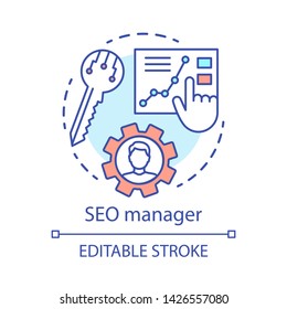 SEO manager concept icon. Digital marketing specialty idea thin line illustration. Search engine optimization. SEO strategy, website content. Vector isolated outline drawing. Editable stroke