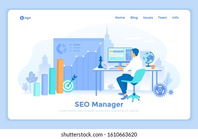 SEO manager, Key management, Content marketing, Site analytics. SEO specialist sitting at the table and choosing the right keywords. Laptop with web page and program code. landing web page template.