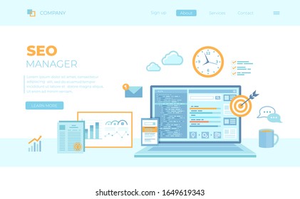 SEO Manager, Key Management, Content Marketing. Koordinierung und Durchführung von Marketingprogrammen für Suchmaschinen. Laptop mit Web-Seite und Programmcode. Kann für Banner, Landing-Page, Web-Vorlage verwendet werden
