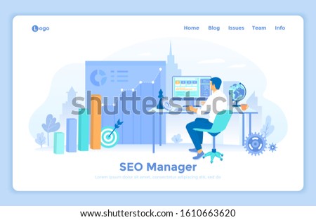 SEO manager, Key management, Content marketing, Site analytics. SEO specialist sitting at the table and choosing the right keywords. Laptop with web page and program code. landing web page template.