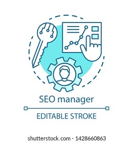 SEO manager turquoise concept icon. Digital marketing specialty idea thin line illustration. Search engine optimization. SEO strategy, website content. Vector isolated outline drawing. Editable stroke