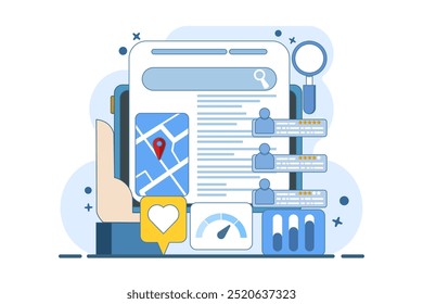SEO map optimization concept, Business appears on search engine results page with location and customer ranking, Business listing on search engine, vector illustration with background.