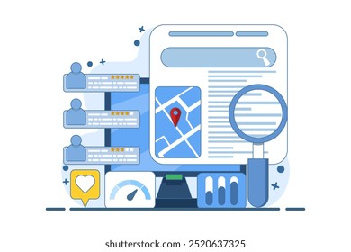 SEO map optimization concept, Business appears on search engine results page with location and customer ranking, Business listing on search engine, vector illustration with background.