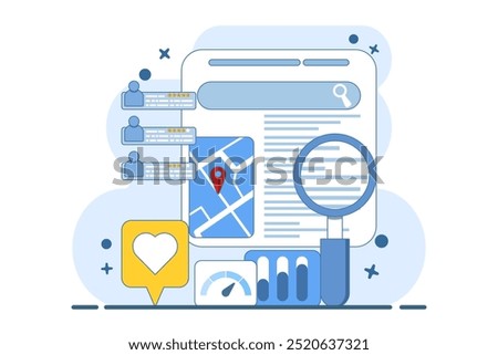 SEO map optimization concept, Business appears on search engine results page with location and customer ranking, Business listing on search engine, vector illustration with background.