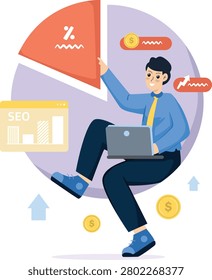 SEO market analysis business performance report illustration featuring website analytics, market research, performance tracking, business intelligence, search engine optimization, and digital marketing insights.