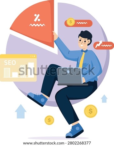 SEO market analysis business performance report illustration featuring website analytics, market research, performance tracking, business intelligence, search engine optimization, and digital marketing insights.