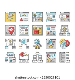 seo market rank search icons set vector. improve marketing, dashboard report, building result, top website, digital seo market rank search color line illustrations