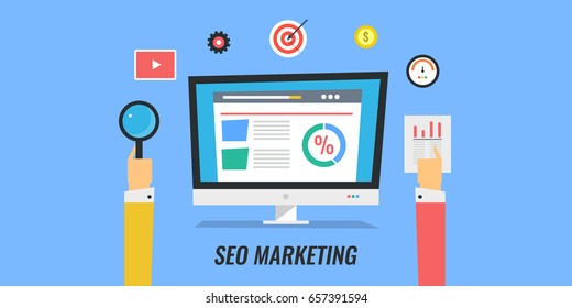 Seo Marketing - Analysis - search optimization flat vector banner with icons on blue background