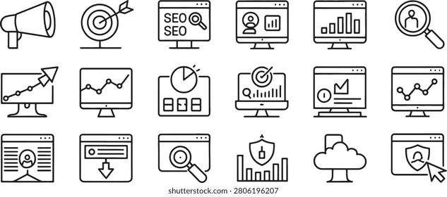 Seo Marketing and Analytics Icons Set with Megaphone, Targets, Graphs, Shield, and Browser Windows in Vector Style