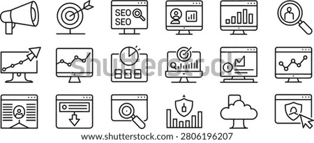 Seo Marketing and Analytics Icons Set with Megaphone, Targets, Graphs, Shield, and Browser Windows in Vector Style