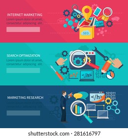 Seo marketing banner set with internet search optimization elements isolated vector illustration