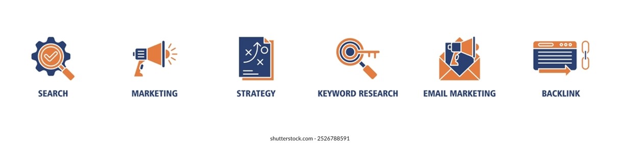 Seo marketing banner web icon set vector illustration concept with icon of search, marketing, strategy, keyword research, email marketing and backlink icons infographics symbol background