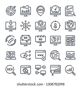 Seo and Marketing bold line icon set. Data organization and Development linear icons. Search Engine Optimization outline vector sign collection.