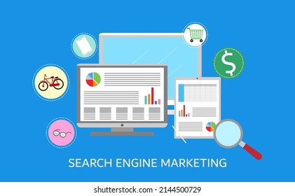 Seo marketing campaign,SEM, Business Search engine optimization. Internet Marketing search flat vector with icons and texts