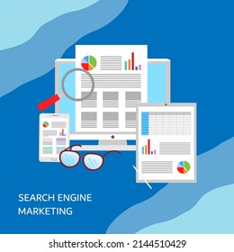 Seo marketing campaign,SEM, Business Search engine optimization. Internet Marketing search flat vector with icons and texts