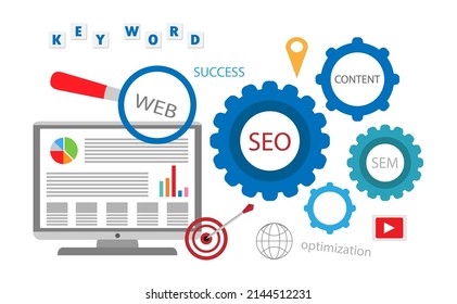 Seo marketing campaign,SEM, Business Search engine optimization. Internet Marketing search flat vector with icons and texts