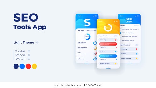 Seo for marketing cartoon smartphone interface vector templates set. Mobile app screen page day mode design. Search engine optimization UI for application. Phone display with flat character