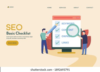 Lista de comprobación de marketing SEO, optimización de contenido, investigación de palabras clave, creación de vínculos en la página SEO - plantilla de página de inicio de ilustración de vector conceptual