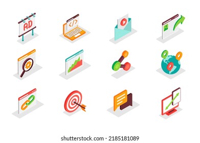 SEO And Marketing Concept 3d Isometric Icons Set. Bundle Elements Of Advertising, Optimization, Content, Link, Settings, Data Analysis, Traffic And Other. Vector Illustration In Modern Isometry Design