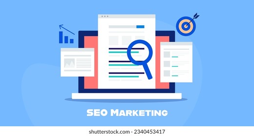 SEO marketing concept. Content strategy for search engine ranking. Website SEO analysis. Search engine result page. Vector illustration with icons