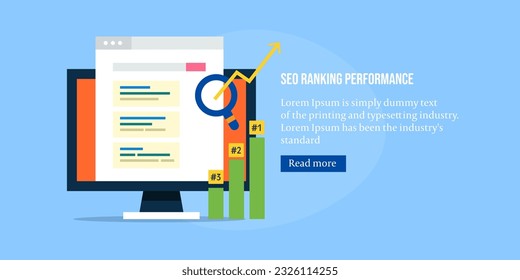 SEO marketing concept. SEO performance monitoring, Number one rank on search engine. Website organic traffic increasing - vector landing page template