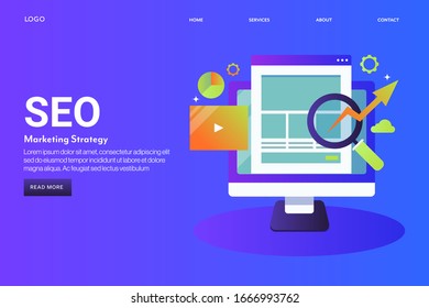 Seo marketing concept, Search engine optimization strategy for website marketing - vector illustration with icons and texts