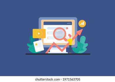 SEO marketing, SEO content, digital advertising, website marketing strategy, Search traffic growth - flat design vector illustration with icons on isolated background