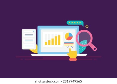 SEO marketing data analytics. Website SEO report. Data analysis for digital marketing campaign - vector illustration background with icons