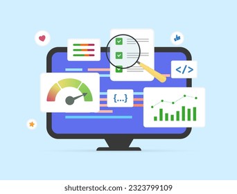 SEO marketing and digital analytics concept. Business data analysis with information dashboard, finance report, and statistics charts. Key performance indicators for technical SEO and SMM