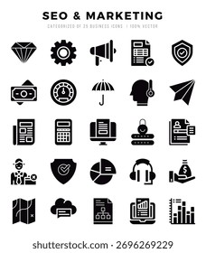 ELEMENTOS de SEO y Marketing. Conjunto de iconos de Web de glifo. Simple Ilustración vectorial.