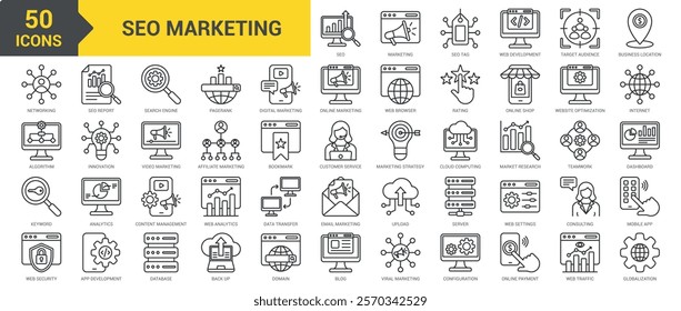 SEO Marketing icon collection set. Containing SEO, marketing, SEO tag, web development, target audience, business location, networking, algorithm, keyword, web security icon. Simple line vector