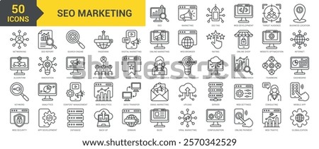 SEO Marketing icon collection set. Containing SEO, marketing, SEO tag, web development, target audience, business location, networking, algorithm, keyword, web security icon. Simple line vector