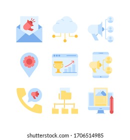 SEO & Marketing icon set = email ads, cloud share, advertising, pin engine, web ranking, online marketing, telephone ads, root directory, blogging