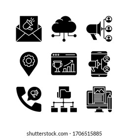 SEO & Marketing icon set = email ads, cloud share, advertising, pin engine, web ranking, online marketing, telephone ads, root directory, blogging