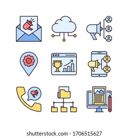 SEO & Marketing icon set (filled line) = email ads, cloud share, advertising, pin engine, web ranking, online marketing, telephone ads, root directory, blogging