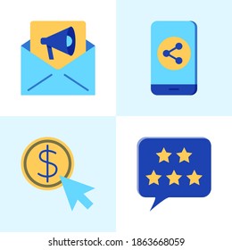 SEO y conjunto de iconos de marketing en estilo plano. Distribución de correo electrónico, medios sociales, pago por clic, símbolos de revisión de clientes. Ilustración vectorial.