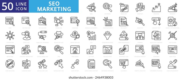 SEO Marketing icon set with keyword, backlink, content, ranking, organic, serp, algorithm, meta tags and link building.