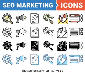 Conjunto de iconos de marketing Seo con colección de estilo múltiple.