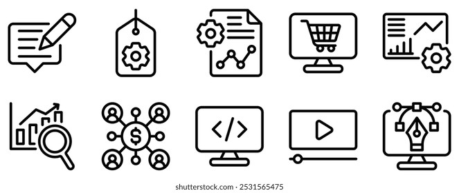 Conjunto de iconos de SEO y marketing Colección de estilo de línea optimizada para el crecimiento digital