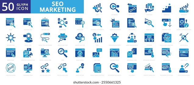 Conjunto de iconos de marketing SEO con página, orgánico, construcción, velocidad, compromiso, algoritmo, página de destino, usuario, autoridad, marketing de contenido, contenido, backlink, rastreo, SEM, analítico, adwords y texto alternativo