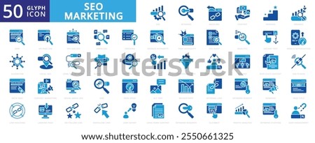 SEO marketing icon set with page, organic, building, speed, engagement, algorithm, landing page, user, authority, content marketing, content, backlink, crawling, sem, analytic, adwords, and alt text