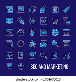 SEO And Marketing Icon Set. Vector Line Style. Blue background.