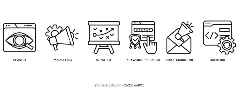 Seo marketing ícone definir conceito de ilustração vetorial relacionar-se com pesquisa, marketing, estratégia, pesquisa de palavra-chave, e-mail marketing, backlink