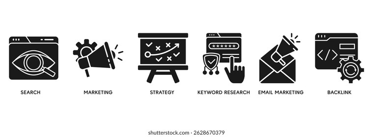 Seo marketing ícone definir conceito de ilustração vetorial relacionar-se com pesquisa, marketing, estratégia, pesquisa de palavra-chave, e-mail marketing, backlink