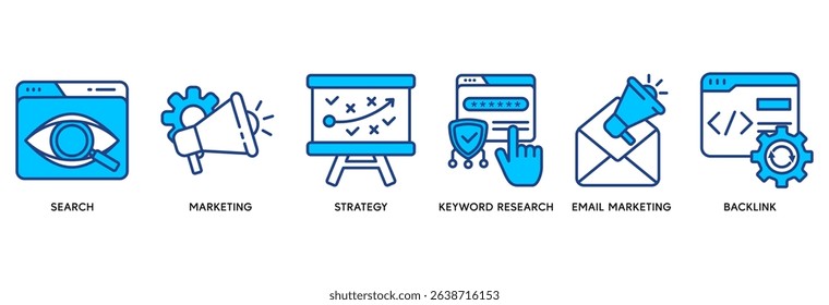 Seo marketing icon set vector illustration concept relate to search, marketing, strategy, keyword research, email marketing, backlink