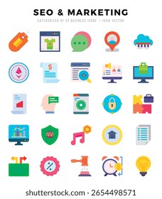 PAQUETE de iconos de SEO y MARKETING. Iconos de estilo plano. Ilustración vectorial.