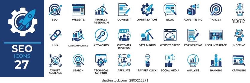 Seo Marketing Icons Set Featuring Website Optimization, Market Research, Content Strategy, Analytics, Organic Traffic and Digital Business Solid Vector Pack